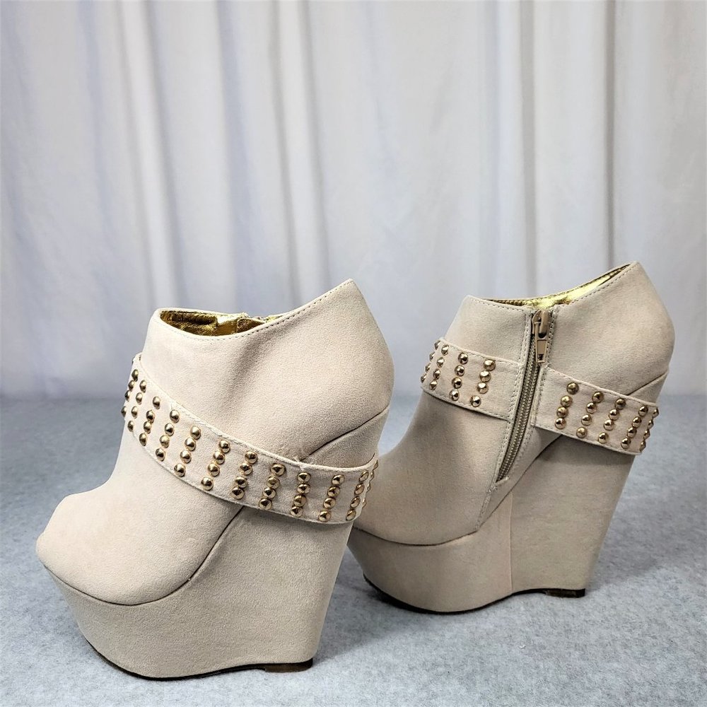 * Mona Mia Nude With Gold Studs Faux Leather Wedge Booty - Picture 2 of 15